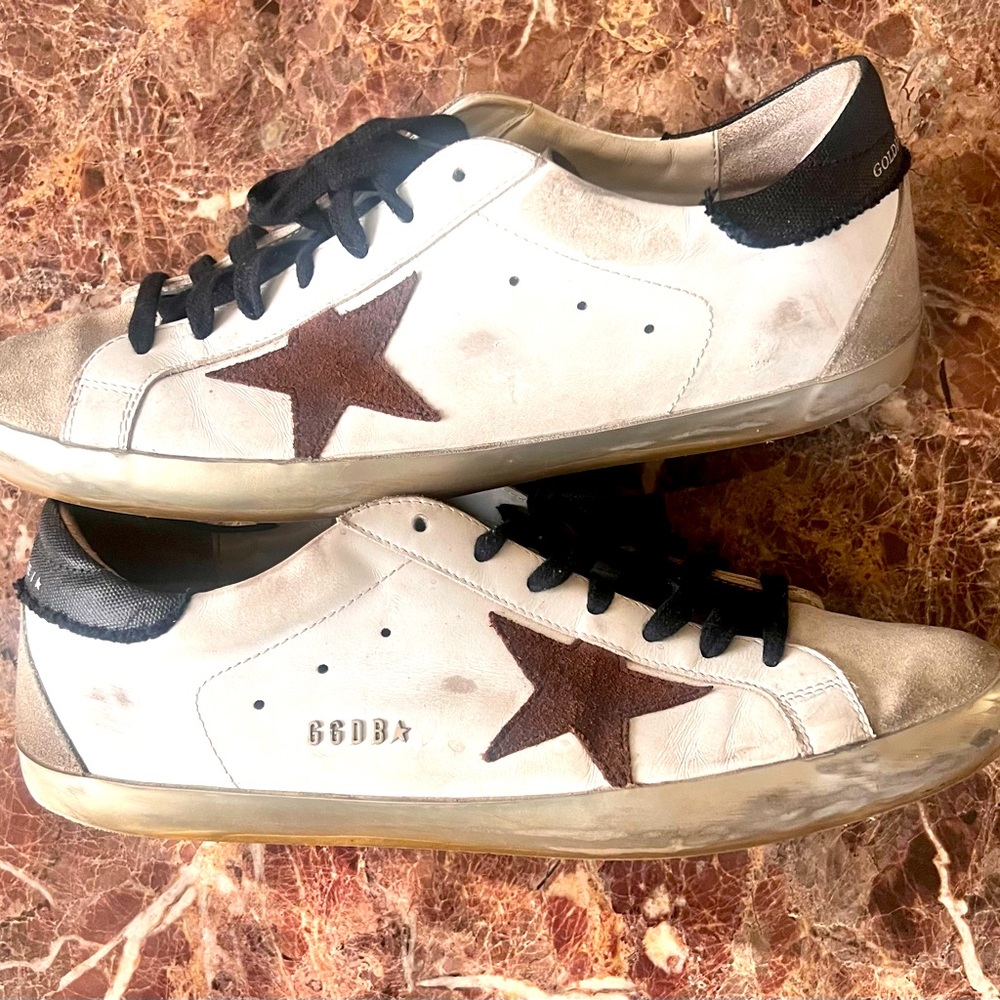 Golden Goose White Sneakers with Brown Star and Black Heel